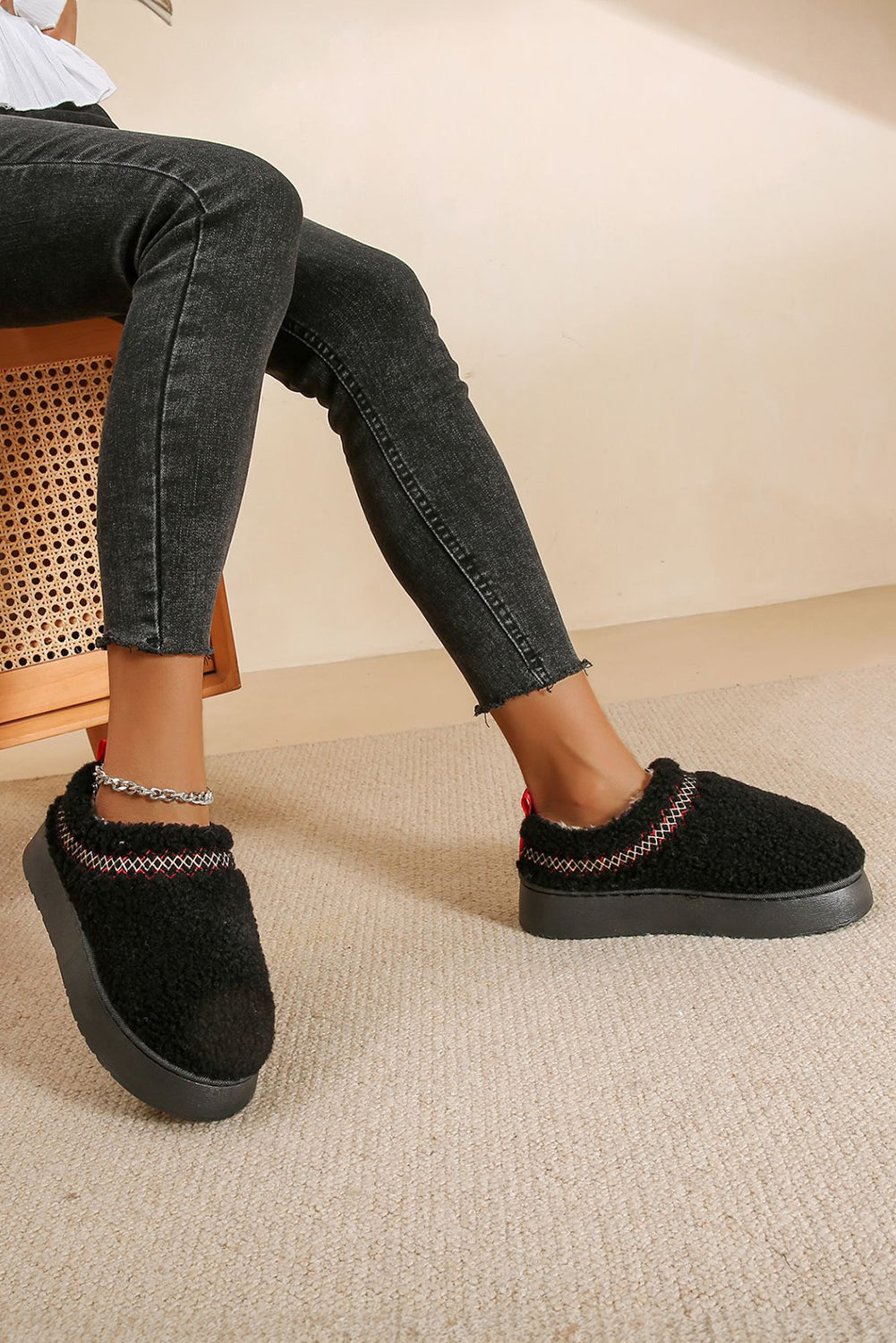 Women's Embroidered Black Sherpa Plush Snow Boots with Thick Sole for Cozy Comfort and Chic Winter Style