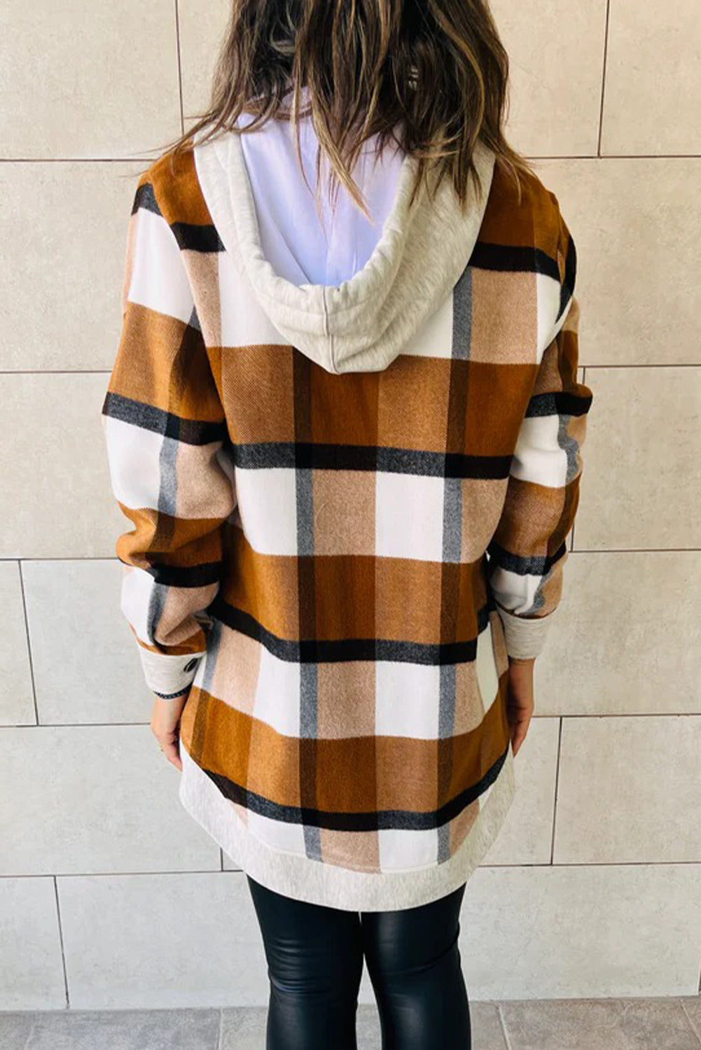 Stylish Women's Brown Vintage Plaid Hooded Zip-Up Jacket with Contrast Trim - Cozy Fall Outerwear for Effortless Chic