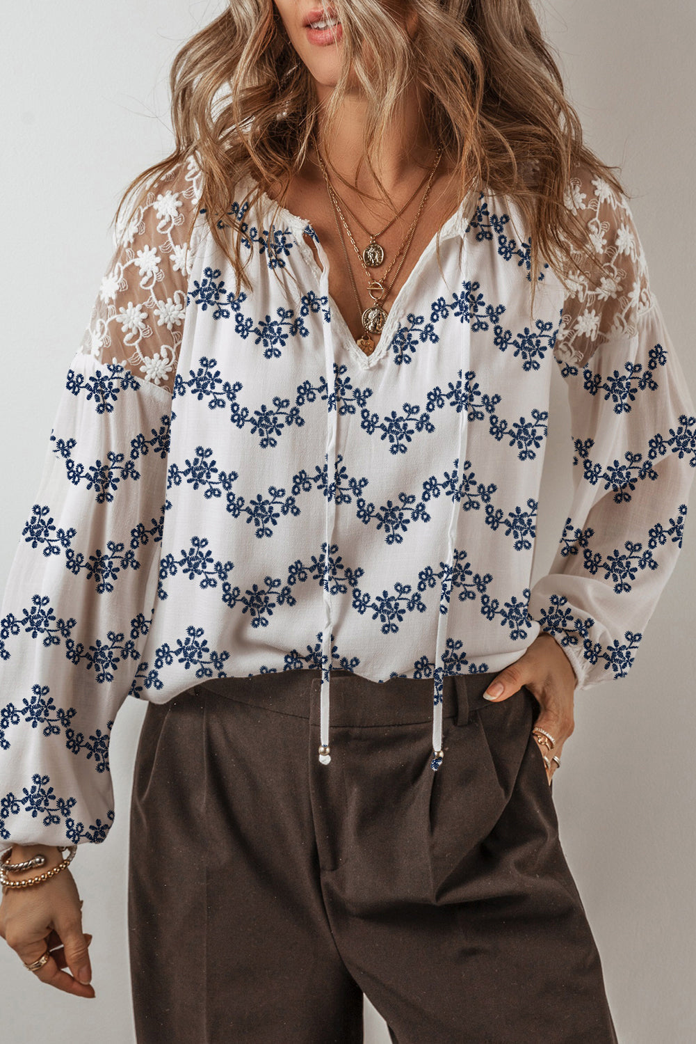 Chic Ivory Lace Patchwork Blouse for Women - Lightweight, Versatile Top for Casual and Dressy Occasions