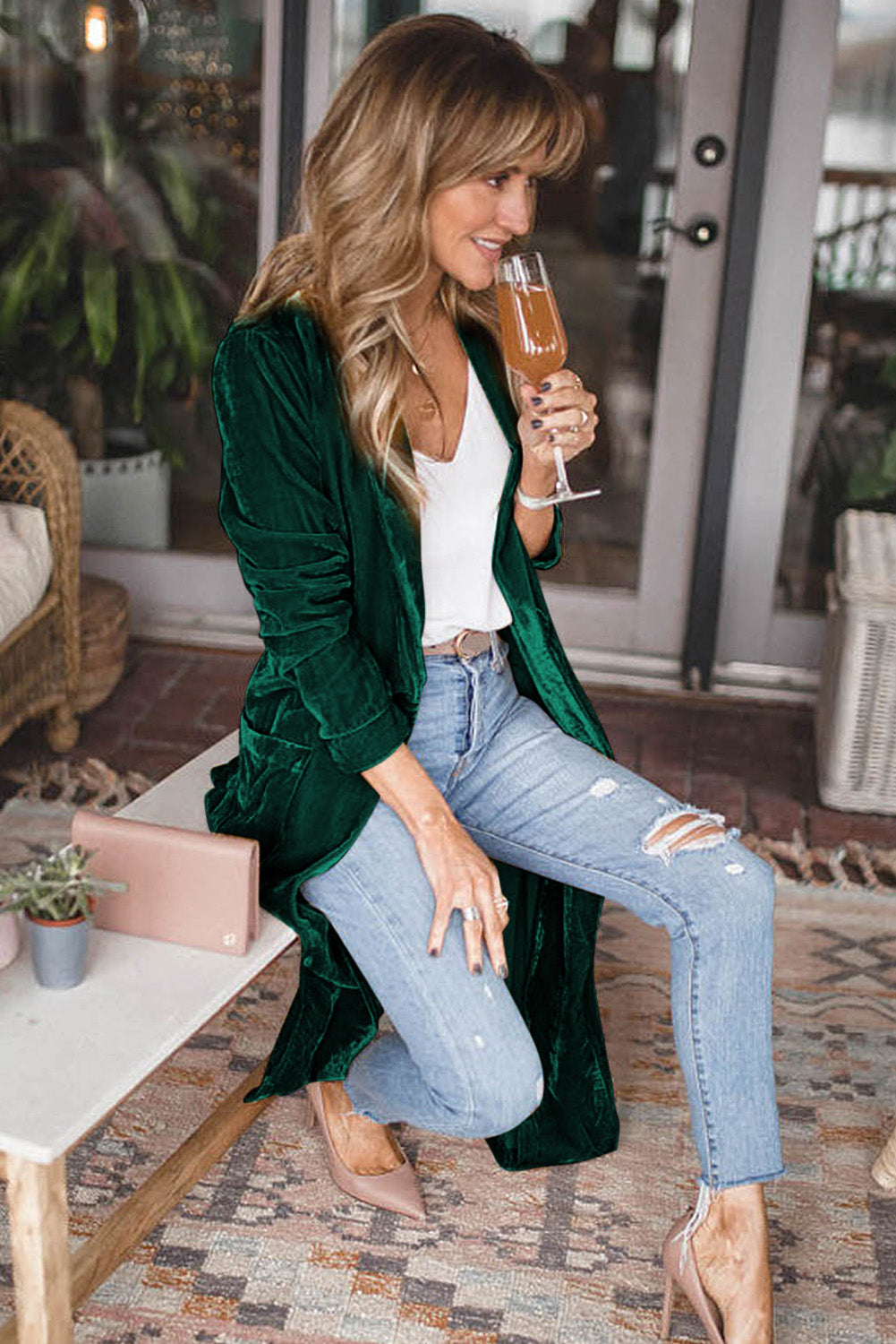 Chic Women's Green Velvet Long Duster Coat with Open Front, Pockets - Stylish and Comfortable Outerwear for Any Occasion