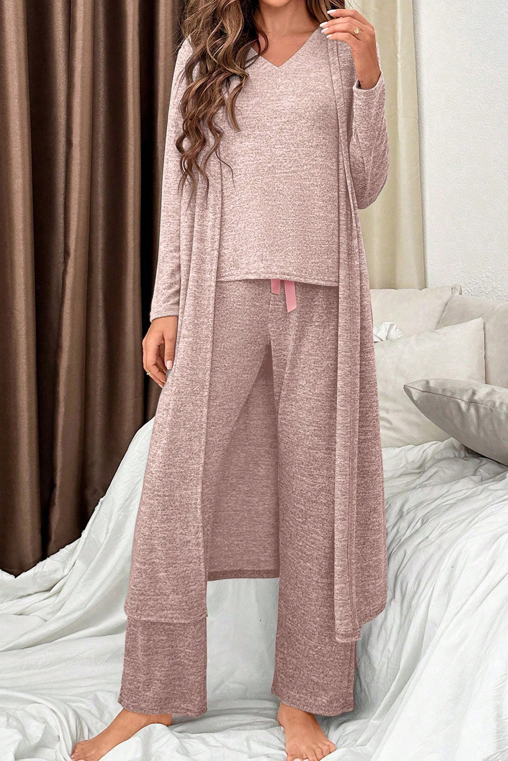 Effortlessly Stylish Women's 3-Piece Lounge Set: Soft Slim T-Shirt, Comfy Pants & Open Duster in Elegant Pastel Colors