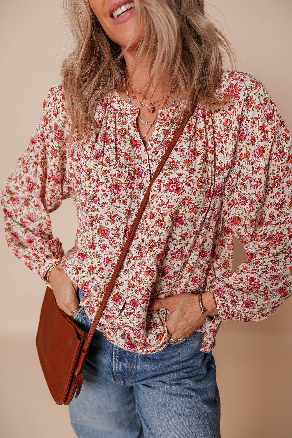 Elegant Women's Red Floral Blouse - Lightweight Short Sleeve Top with Feminine Touch for Casual and Dressy Events