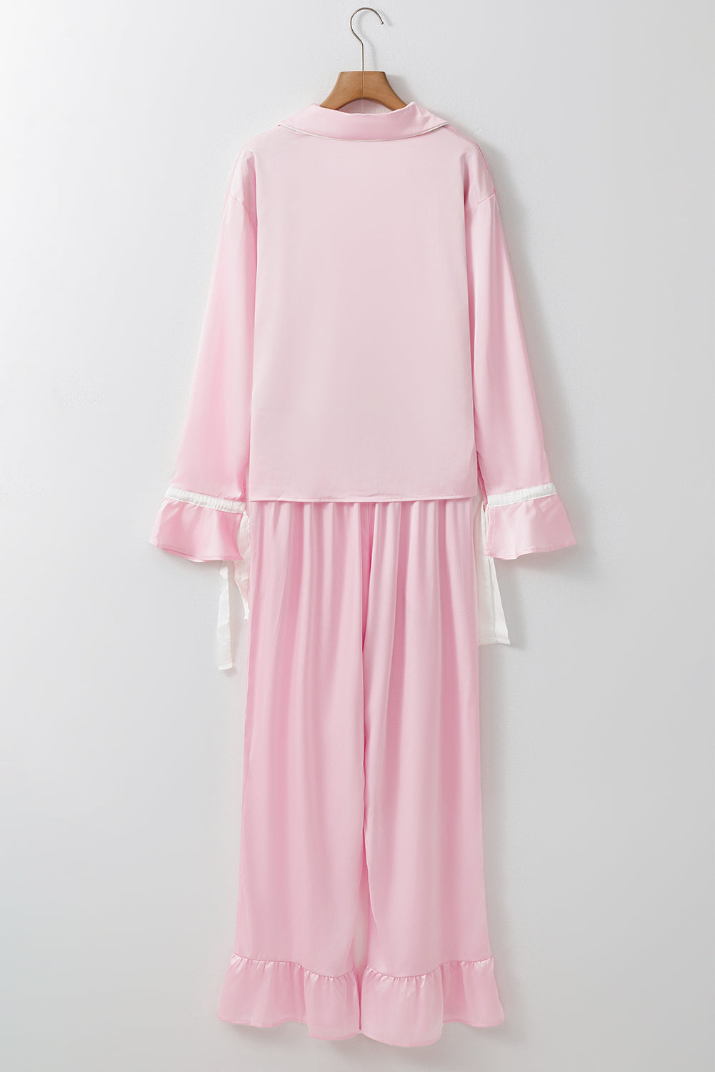Women's Chic Light Pink Satin Lounge Set with Knot Accent Top & Ruffled Pants - Ideal for Stylish Relaxation and Outings