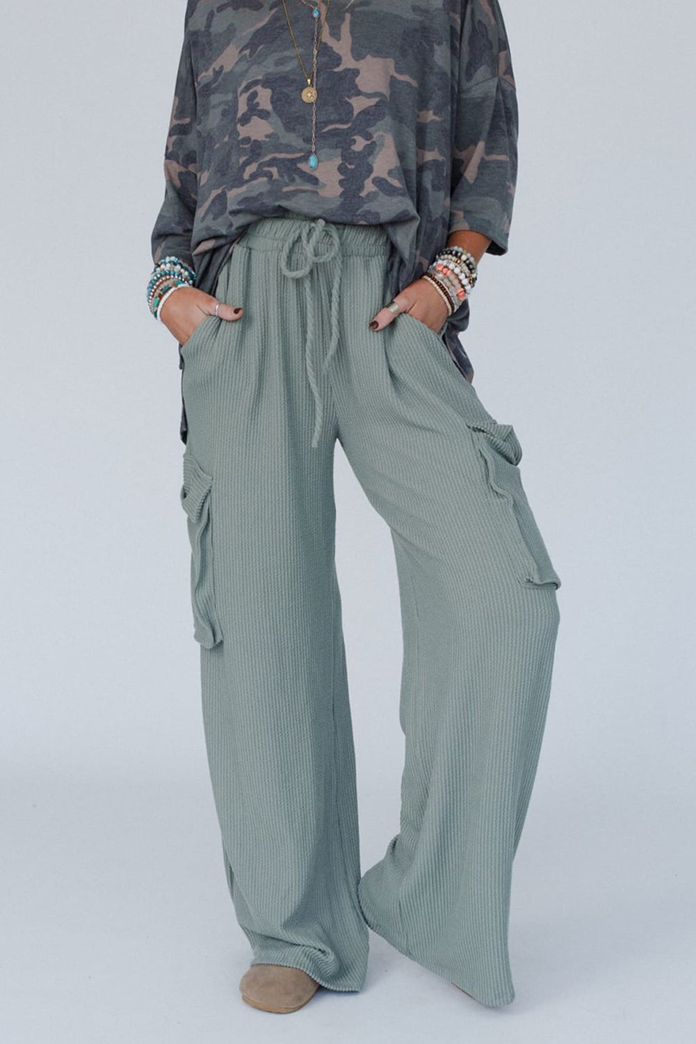 Chic Women's Aqua High Waist Wide Leg Pants with Drawstring & Flap Pockets for Ultimate Comfort and Style