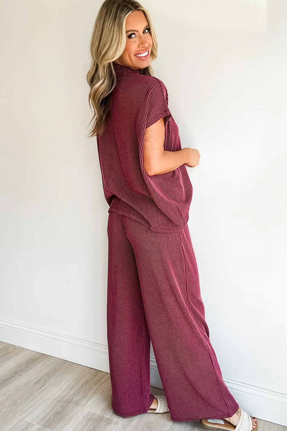 Burgundy High Neck Loose Tee & Elastic High Waist Pants Set for Women - Trendy Twisted Ribbed Lounge Wear Outfit