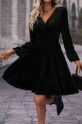 Elegant Black Velvet Long Sleeve Surplice Mini Dress for Women Chic High Waist Fit Perfect for Parties and Events