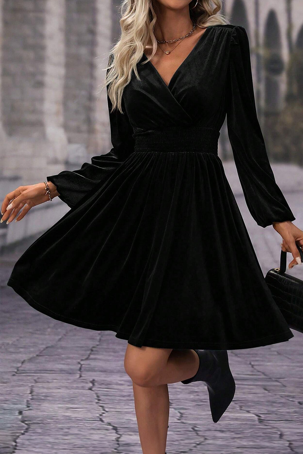 Elegant Black Velvet Long Sleeve Surplice Mini Dress for Women Chic High Waist Fit Perfect for Parties and Events