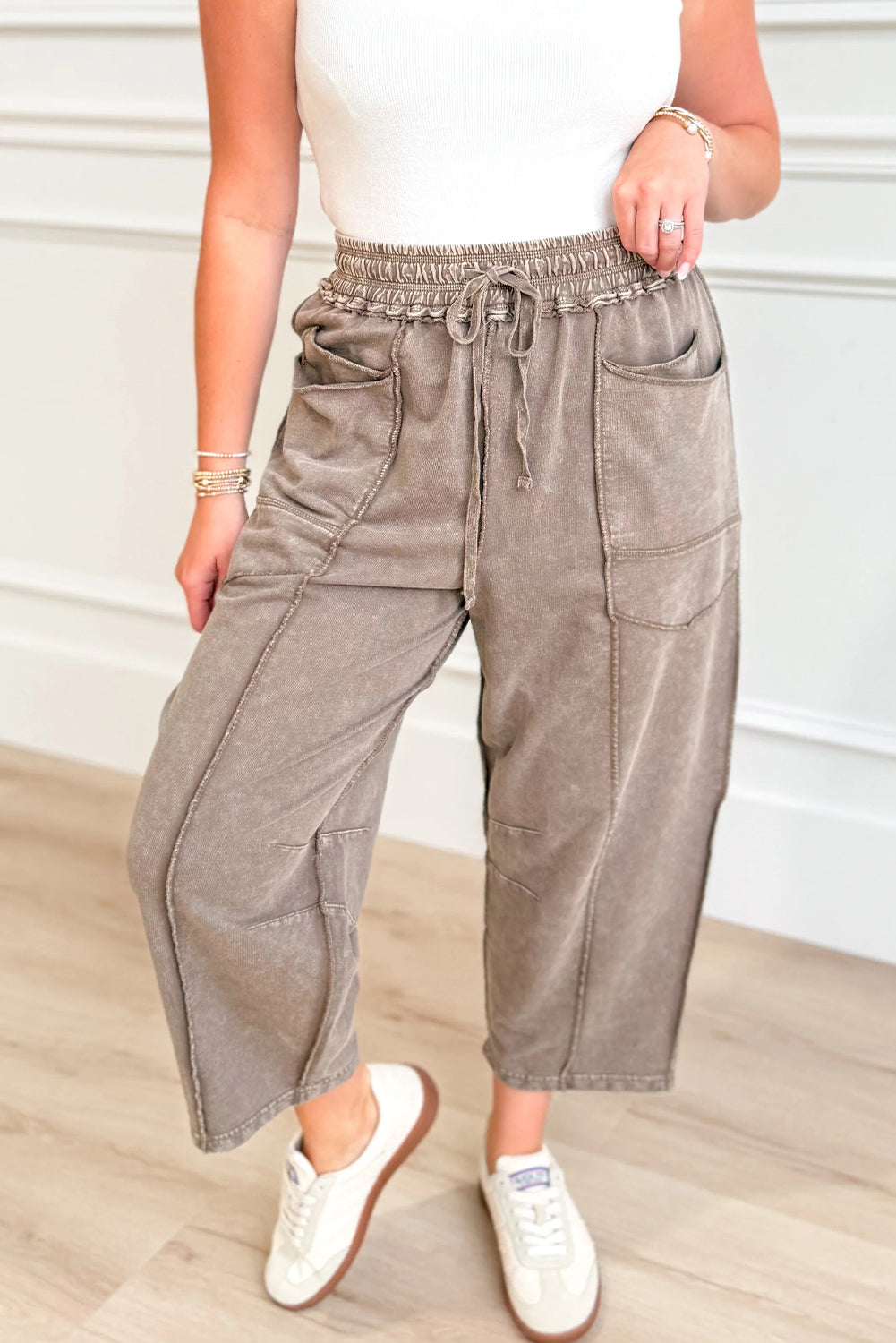 Women's Comfortable Dark Brown Loose Pants with Exposed Seams & Drawstring Waist - Stylish Mineral Wash Design