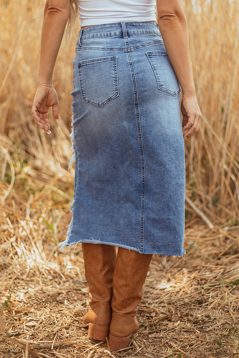 women's light wash high-waisted distressed denim skirt for women - casual summer style, effortless fit for everyday wear made for easy styling and