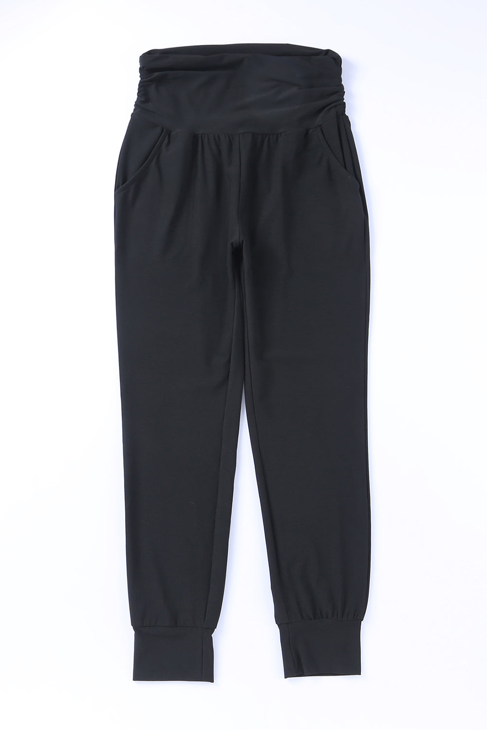 Stylish Women's Black High Waist Pleated Leggings with Pockets - Comfortable Everyday Essential for Active Lifestyle