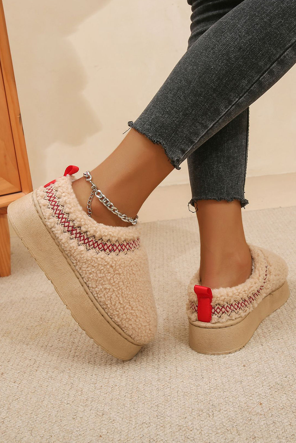 Cozy Women's Oatmeal Sherpa Snow Boots with Embroidery and Thick Sole for Stylish Winter Comfort