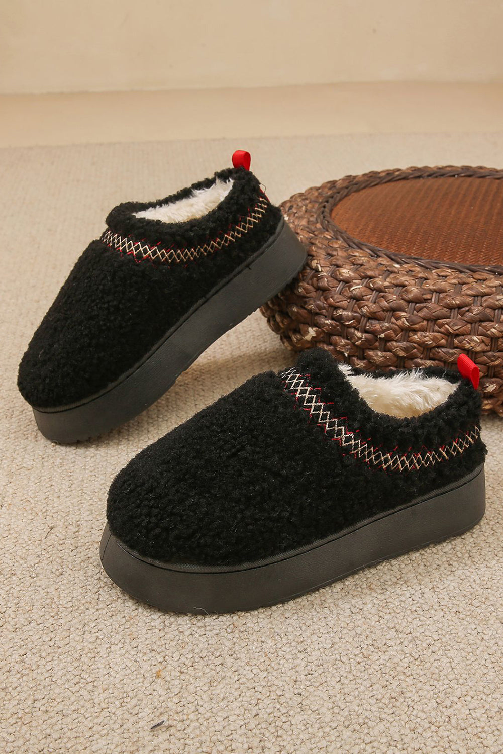 Women's Embroidered Black Sherpa Plush Snow Boots with Thick Sole for Cozy Comfort and Chic Winter Style