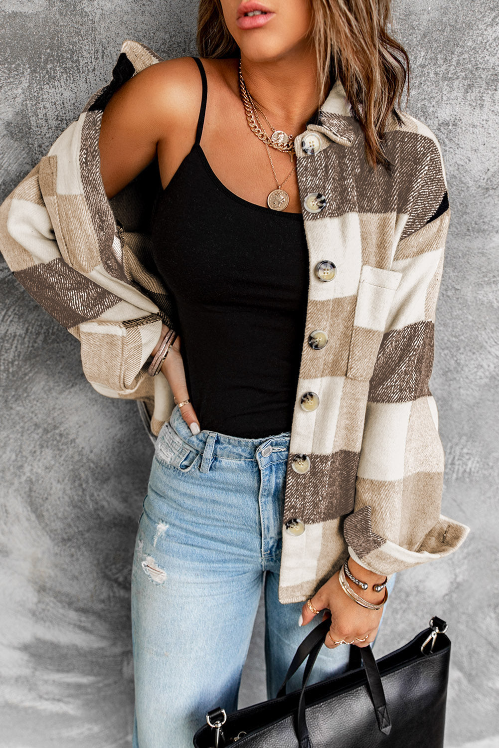 Chic Women's Khaki Plaid Color Block Button-Up Jacket with Pockets Stylish Long Sleeve Outerwear for Casual Fashion