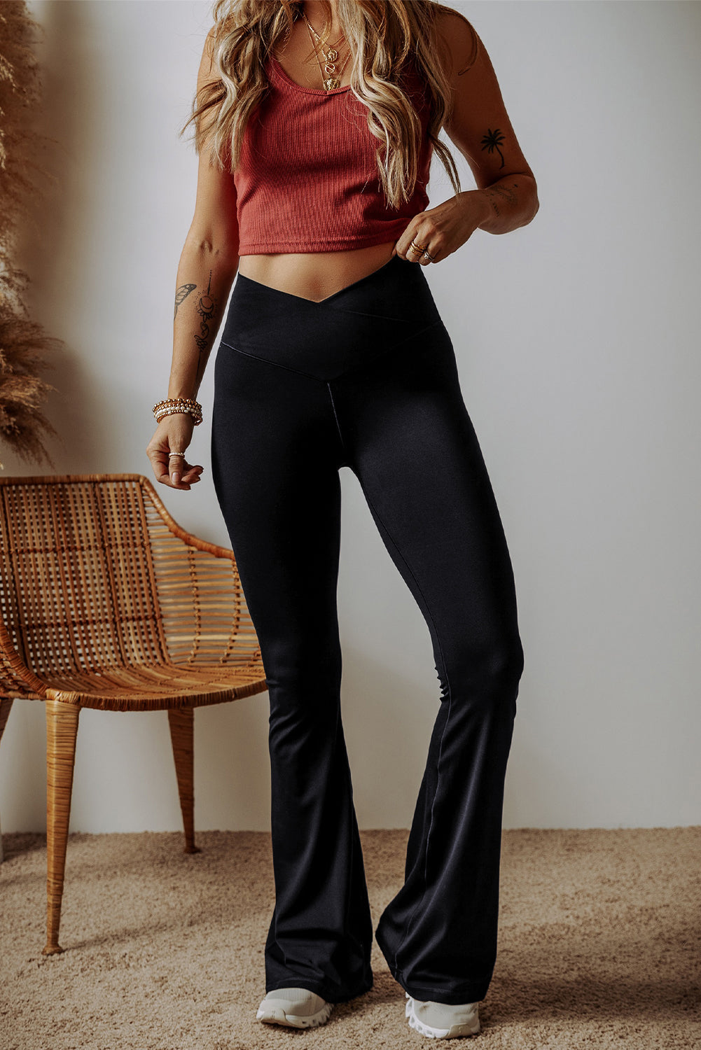 Women Black High-Waisted V-Shape Flared Leggings - Stylish Comfort for Casual and Active Wear Enthusiasts