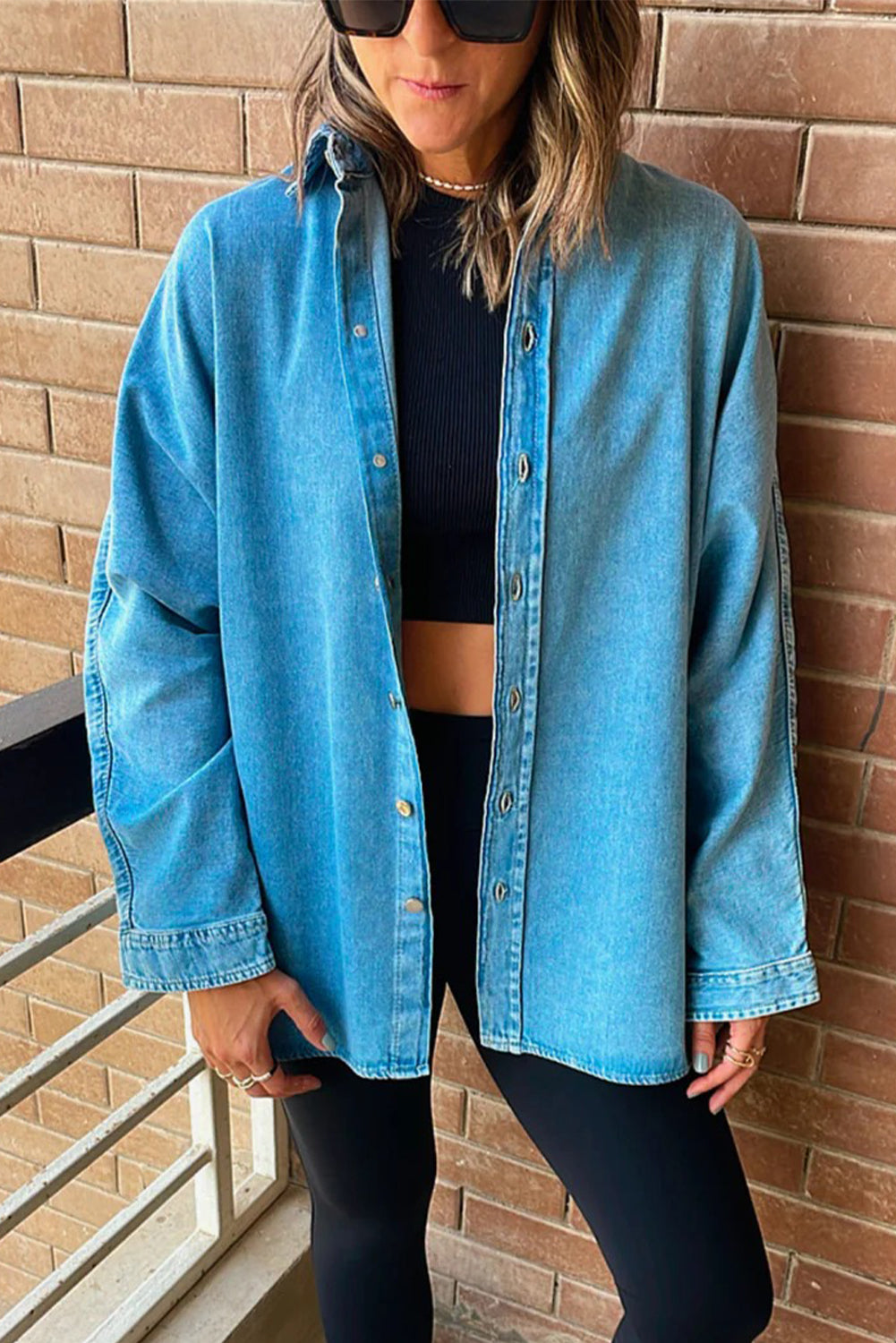 Light Blue Boyfriend Denim Jacket for Women with Contrast Panel & Buttons - Stylish Casual Chic for Everyday Outfits