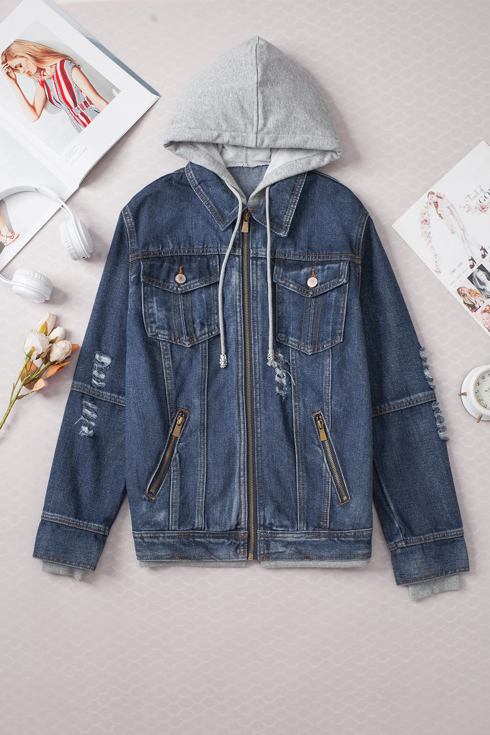 Stylish Women's Dark Blue Hooded Denim Jacket - Zip-Up Casual Layer for Everyday Outfits and Chic Outings