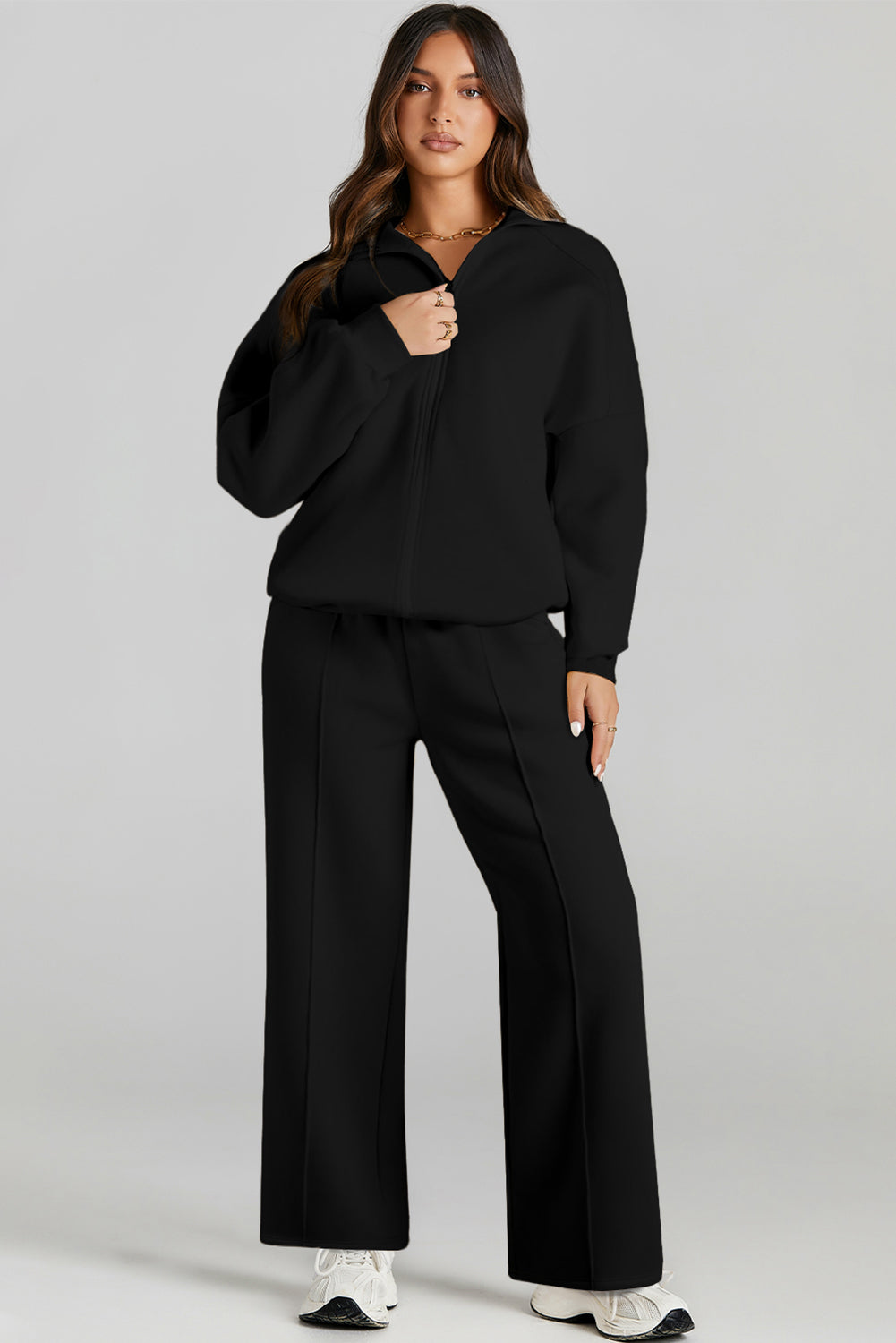 Women's Black Drop Shoulder Zip-Up Jacket & Drawstring Pants Activewear Set for Comfortable Fitness Style