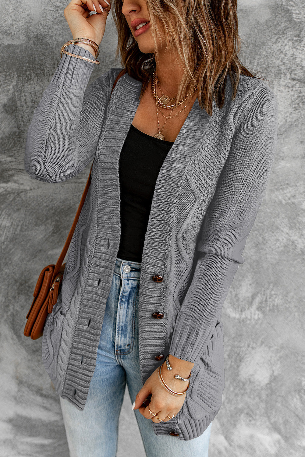 Stylish Women's Dark Gray Cardigan with Front Pockets and Button Closure - Cozy Layer for Casual or Dressy Outfits