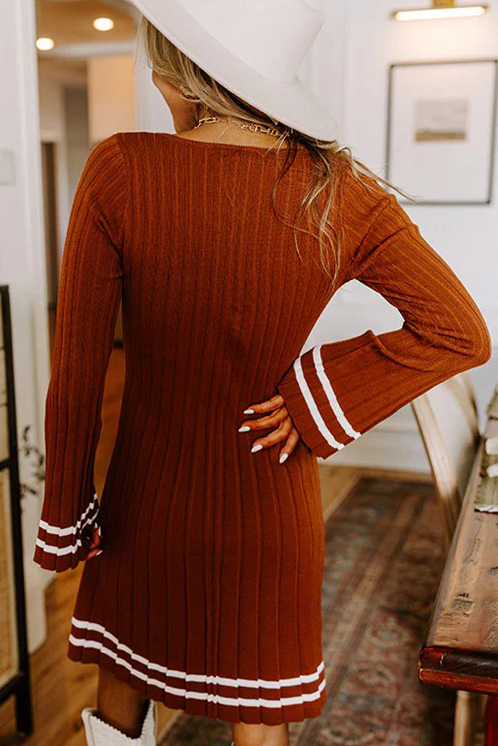 Trendy Women's Gold Flame V-Neck Mini Dress with Striped Bell Sleeves - Chic Wide Rib Knit for a Stylish Look