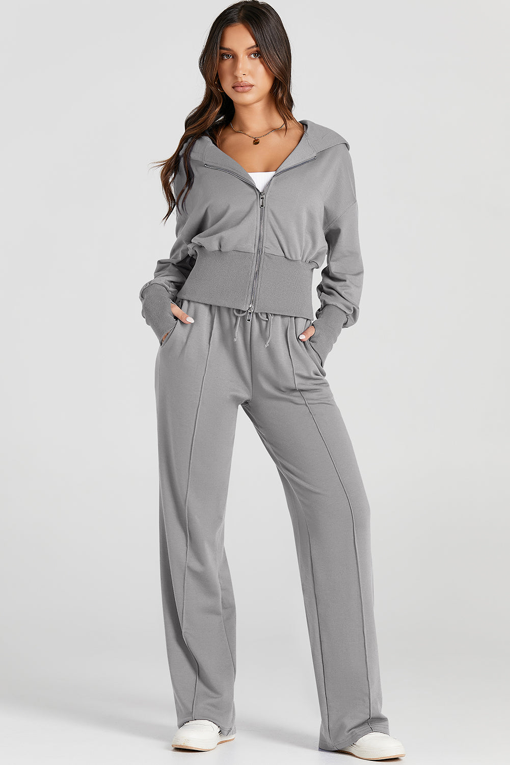 Women's Gray Hooded Jacket & Sweatpants Activewear Set Stylish Comfort for Casual Outings and Workouts