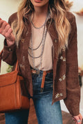 Women's Fall Coffee Floral Embroidered Corduroy Jacket with Button Front, Pockets, and Chic Collar for Effortless Style
