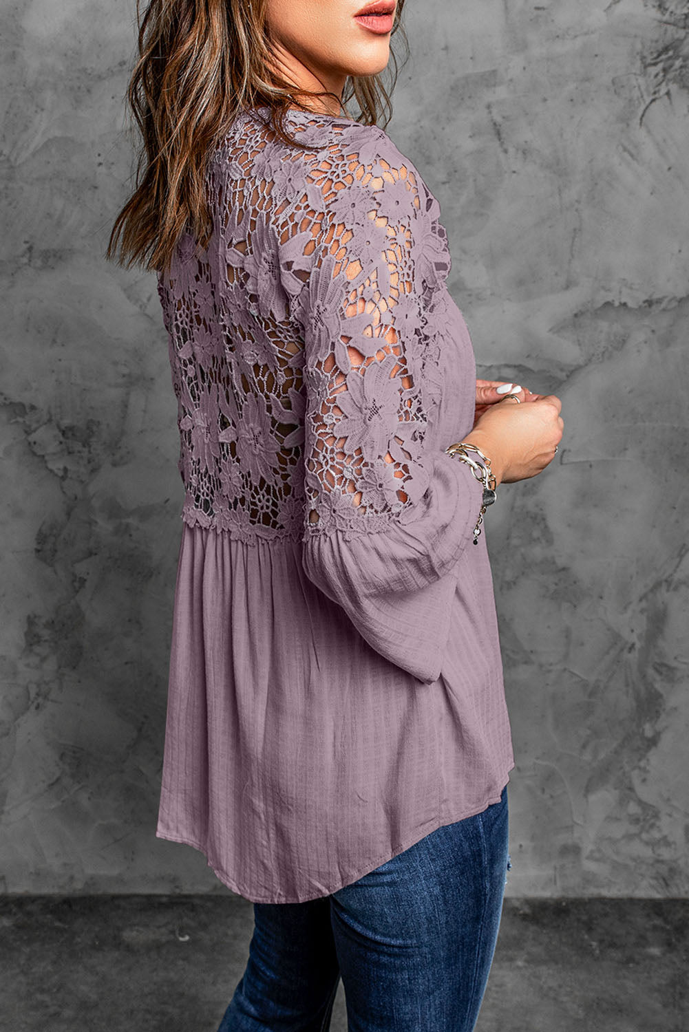 Chic Women's Purple Crochet Lace Button-Up Top - Stylish & Comfortable for Casual or Dressy Events