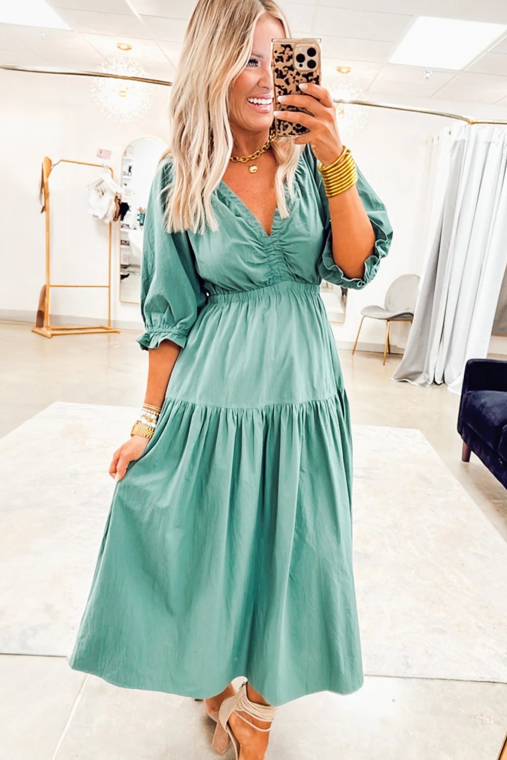 Elegant Women's Canton Color Flared Long Dress with V-Neck, Frilled Puff Sleeves, and Cinched Waist for Summer Style