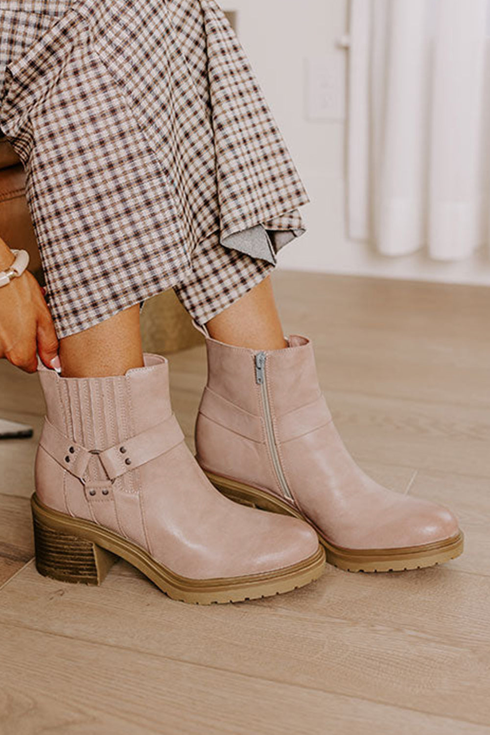 Beige Chunky Heel Ankle Boots for Women with Stylish Ring Zipper - Comfortable Footwear Perfect for Any Occasion