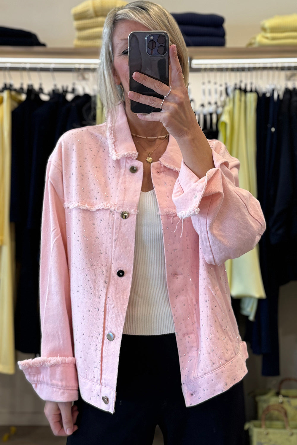 Trendy Women's Light Pink Loose Denim Jacket with Rhinestone Accents and Raw Edge for Casual Style