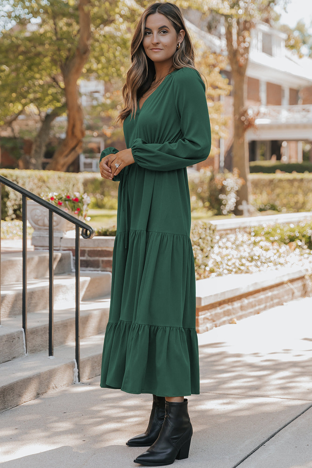 Elegant Blackish Green Tiered Maxi Dress for Women - Long Sleeve, Button V-Neck, Perfect for Special Occasions