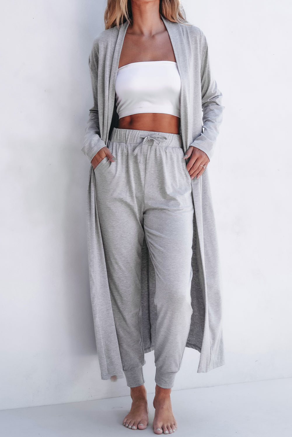 Women's Light Grey Split Long Cardigan with Skinny Pants - Cozy Lounge Set for Relaxed Style and Comfort