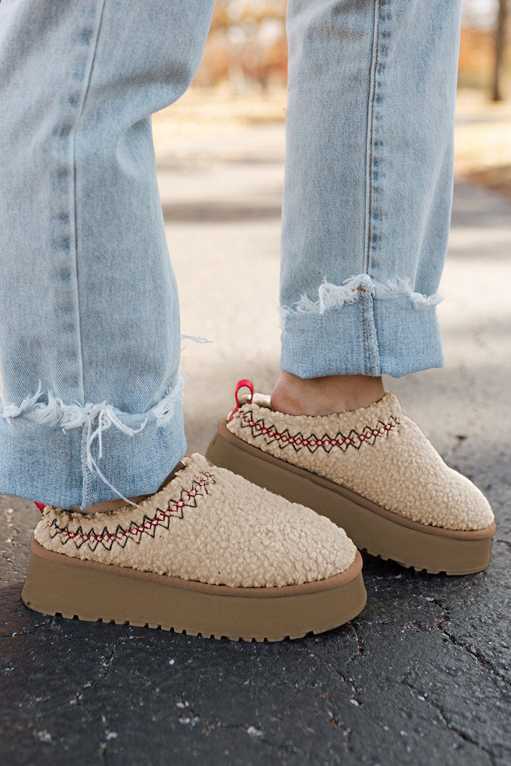 Cozy Women's Oatmeal Sherpa Snow Boots with Embroidery and Thick Sole for Stylish Winter Comfort