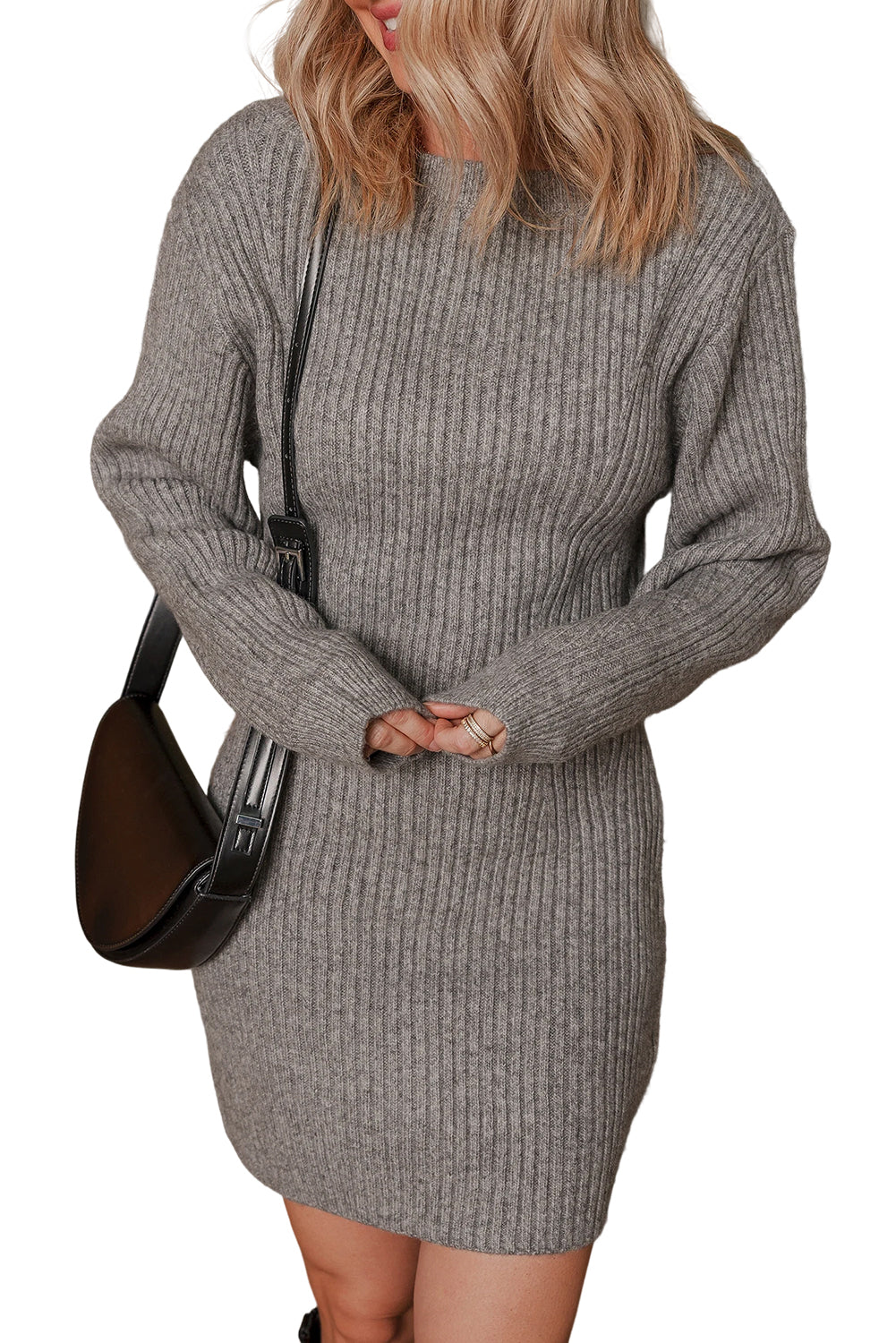 Chic Women's Gray Ribbed Knit Long Sleeve Sweater Dress - Slim Fit Casual Style for Fall and Winter Wardrobe