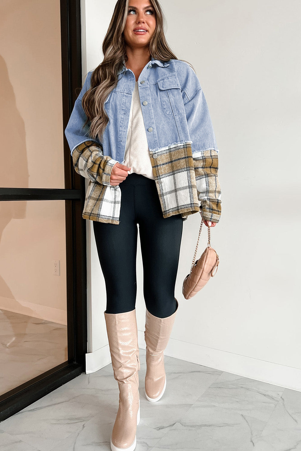 Trendy Women's Khaki Plaid Oversized Denim Jacket with Button Closure Chic Casual Outerwear for Effortless Style
