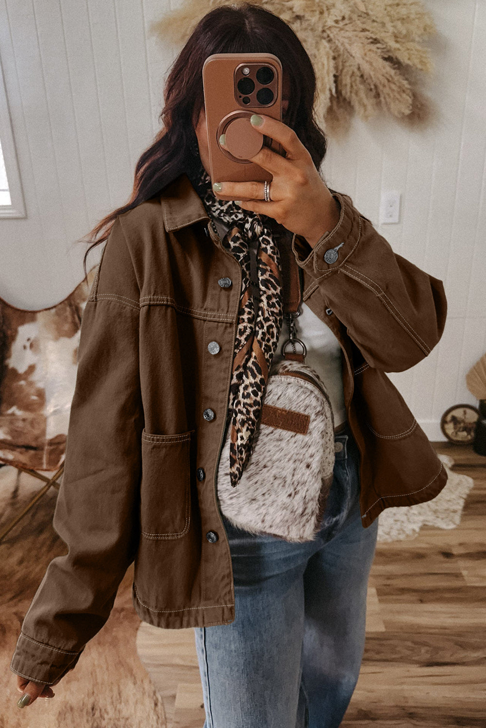Trendy Women's Coffee Denim Jacket with Patched Pockets, Collared Button Front, Relaxed Fit for Effortless Style