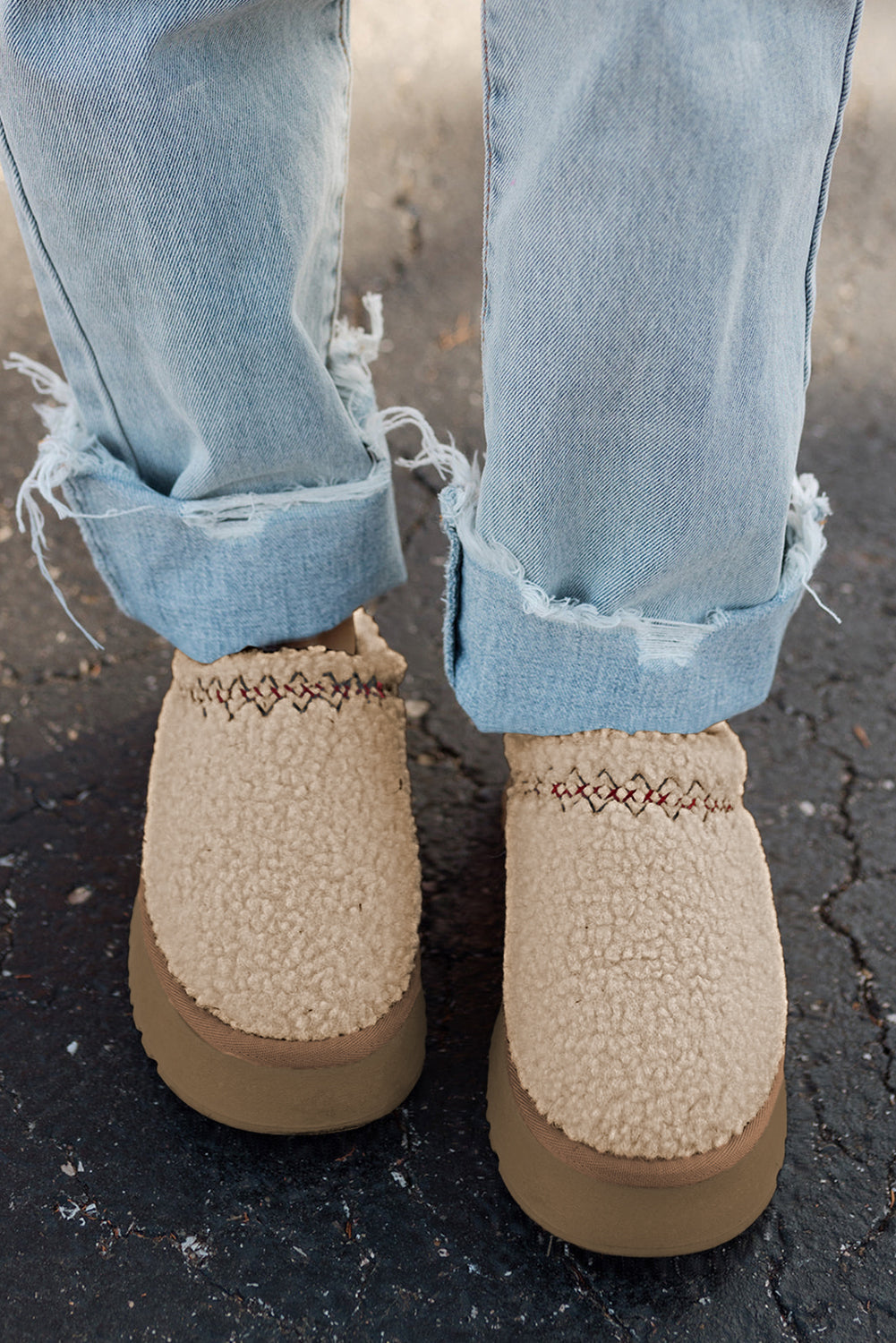 Cozy Women's Oatmeal Sherpa Snow Boots with Embroidery and Thick Sole for Stylish Winter Comfort