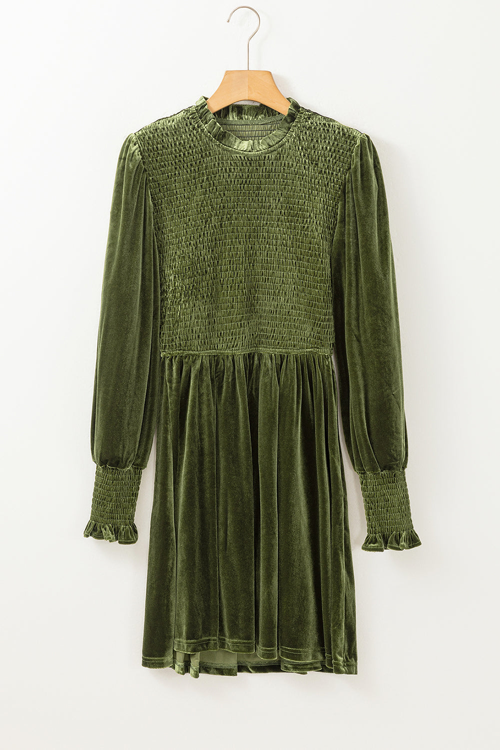 Elegant Moss Green Velvet Dress for Women with Frilled Neck, Smocked Bodice, and Flattering Fit for Special Occasions