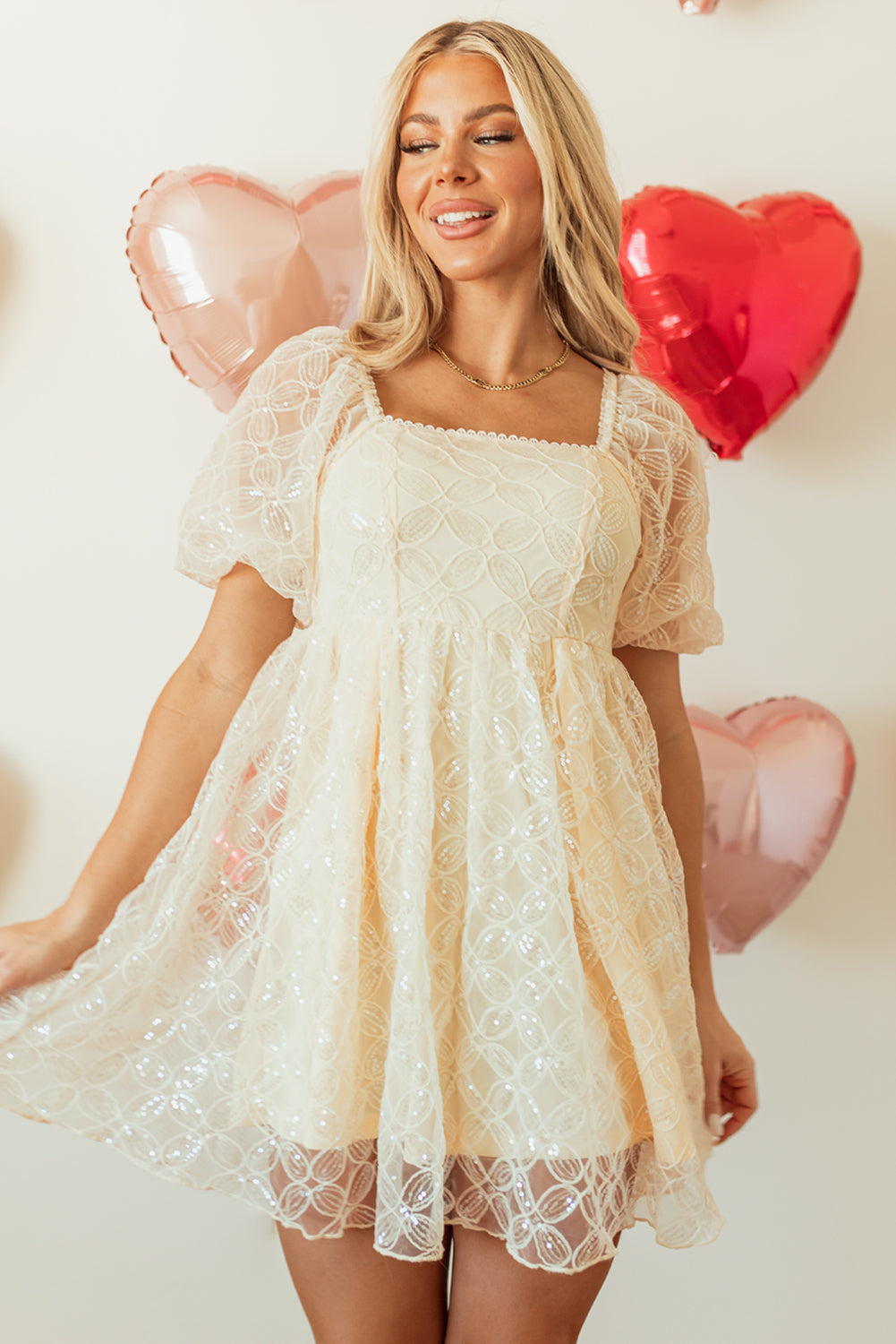 Women‚Äôs Apricot Lace Dress with Sequins and Bubble Sleeves - Elegant Square Neck Fit for Parties and Special Occasions