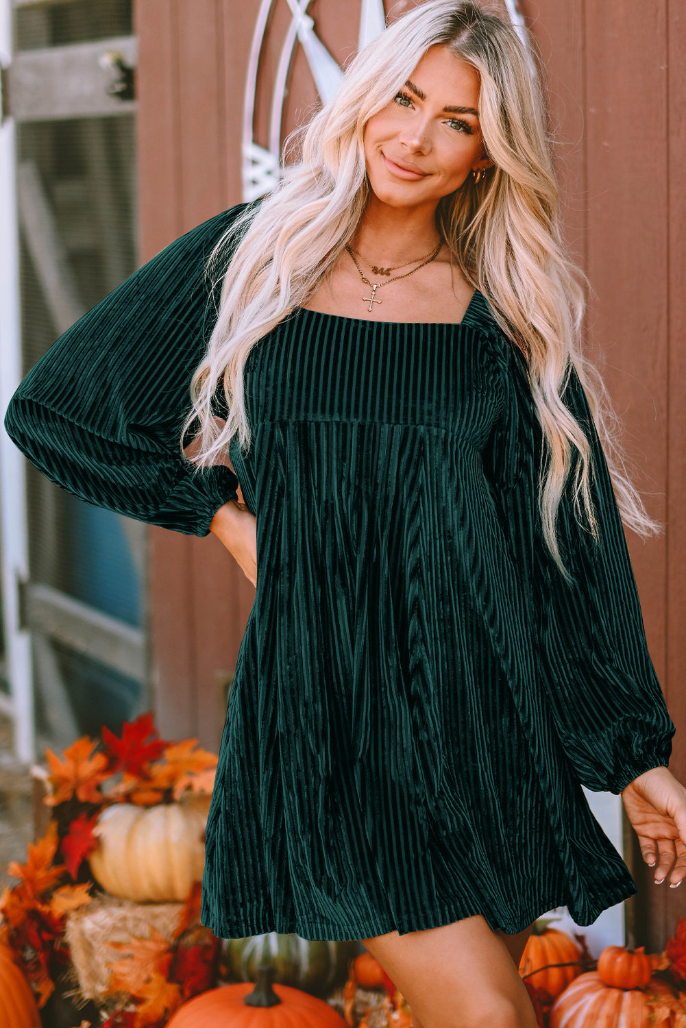 Emerald Green Velvet Babydoll Dress for Women - Flattering Tie Back, Square Neck Design Perfect for Every Occasion