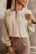 Women's Lightweight Khaki Crew Neck Top with Gathered Stretch Cuffs - Versatile & Comfortable for Casual or Dressy Wear