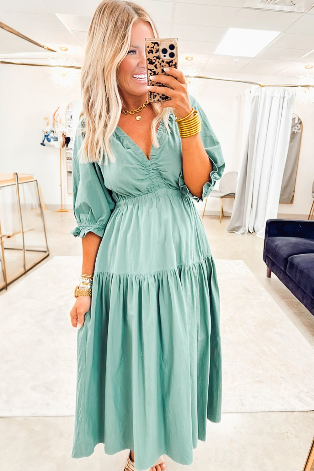 Elegant Women's Canton Color Flared Long Dress with V-Neck, Frilled Puff Sleeves, and Cinched Waist for Summer Style