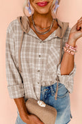 Stylish Women's Khaki Checkered Hooded Shacket - Casual Loose Fit Jacket for Trendy Fall Layering Outfits