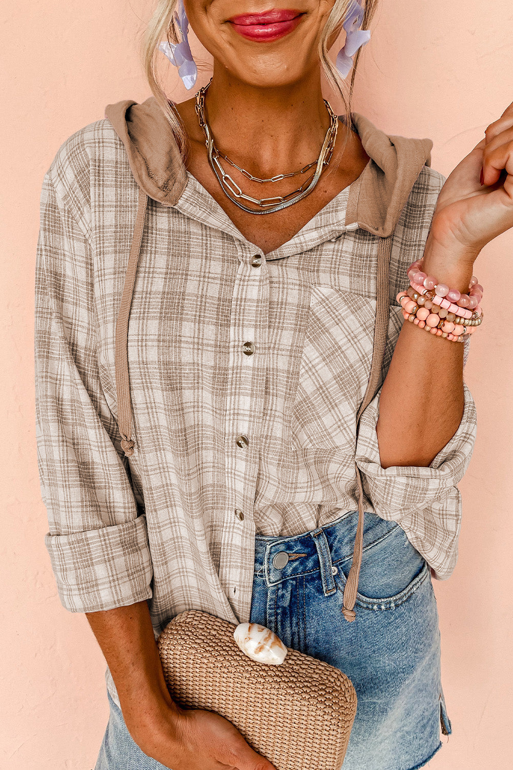 Stylish Women's Khaki Checkered Hooded Shacket - Casual Loose Fit Jacket for Trendy Fall Layering Outfits