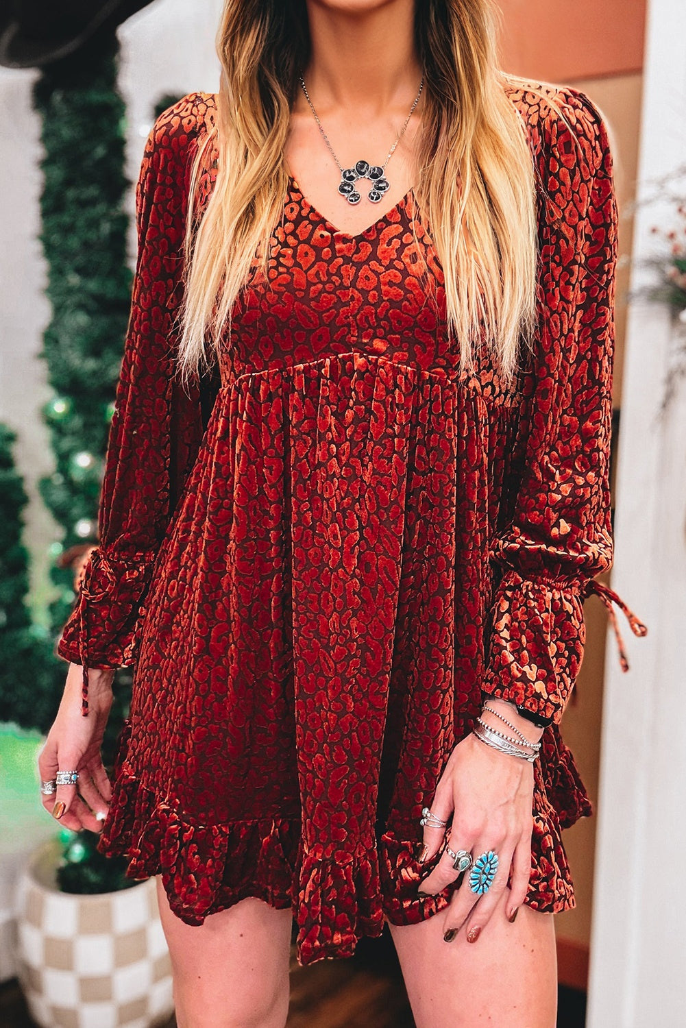Trendy Women's Fiery Red Leopard Print Velvet Mini Dress with Flounce Sleeves and V-Neck for Chic Style