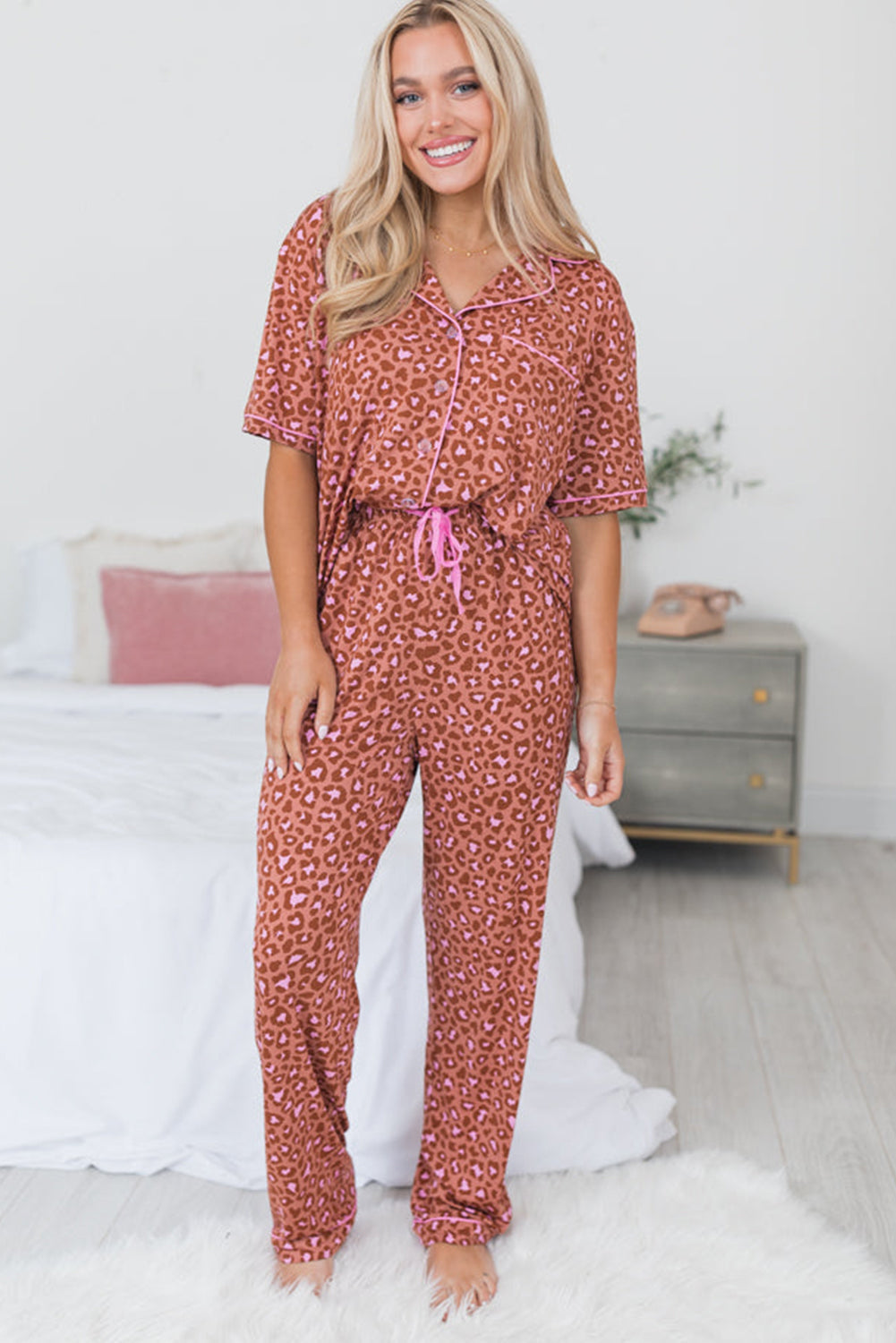 Stylish Women's Brown Leopard Print Short Sleeve Pajama Set with Pants - Cozy Loungewear for Ultimate Comfort
