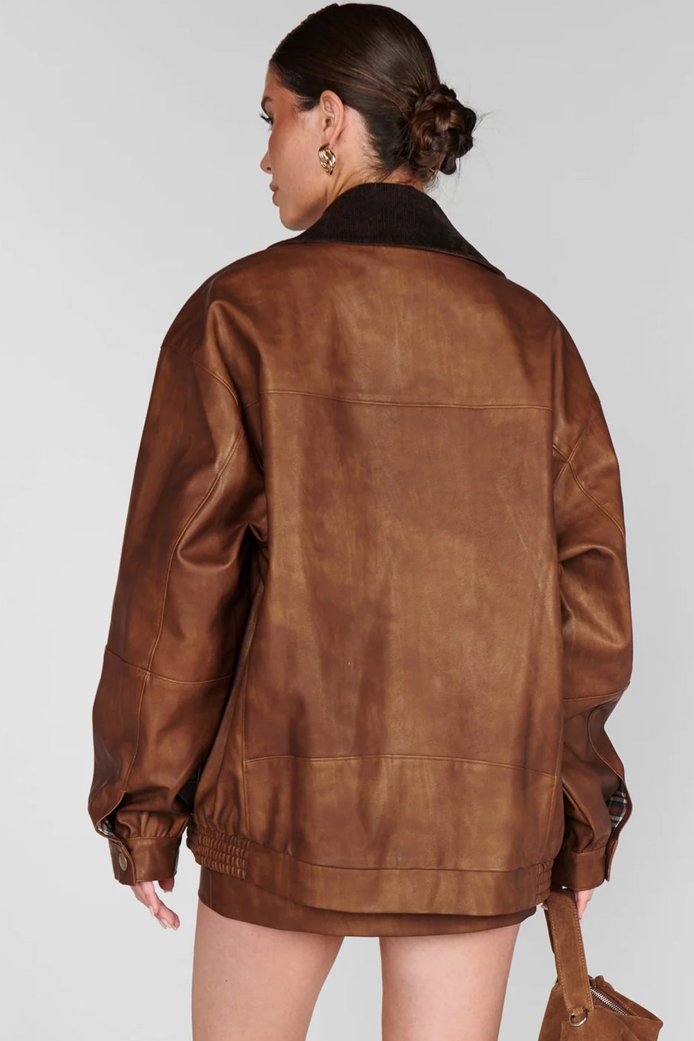 Stylish Women's Retro Coffee Faux Leather Jacket with Contrast Corduroy Collar and Unique Patchwork Details