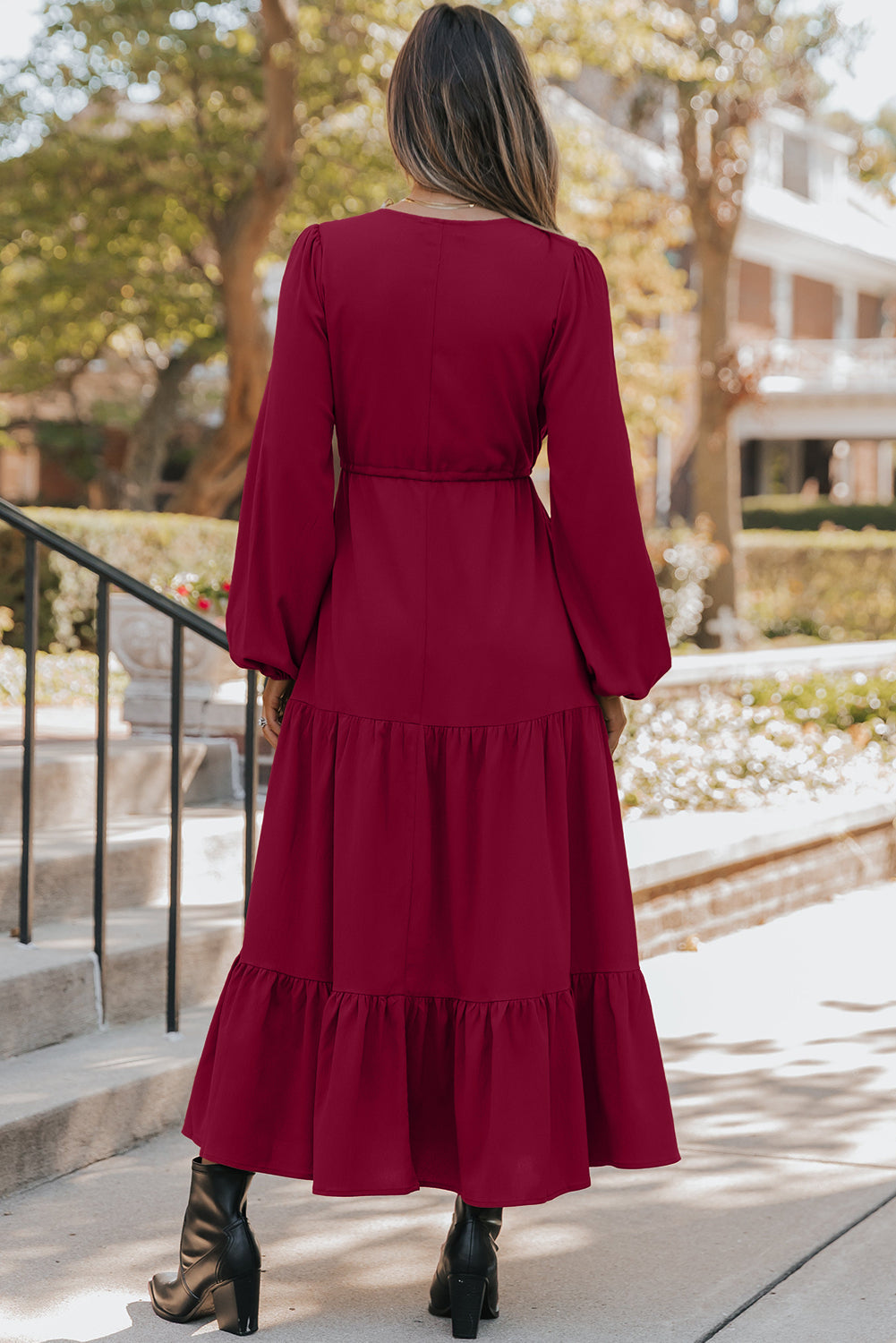 Elegant Burgundy Long Sleeve V-Neck Tiered Maxi Dress for Women Flowy Fit Perfect for Parties and Special Occasions