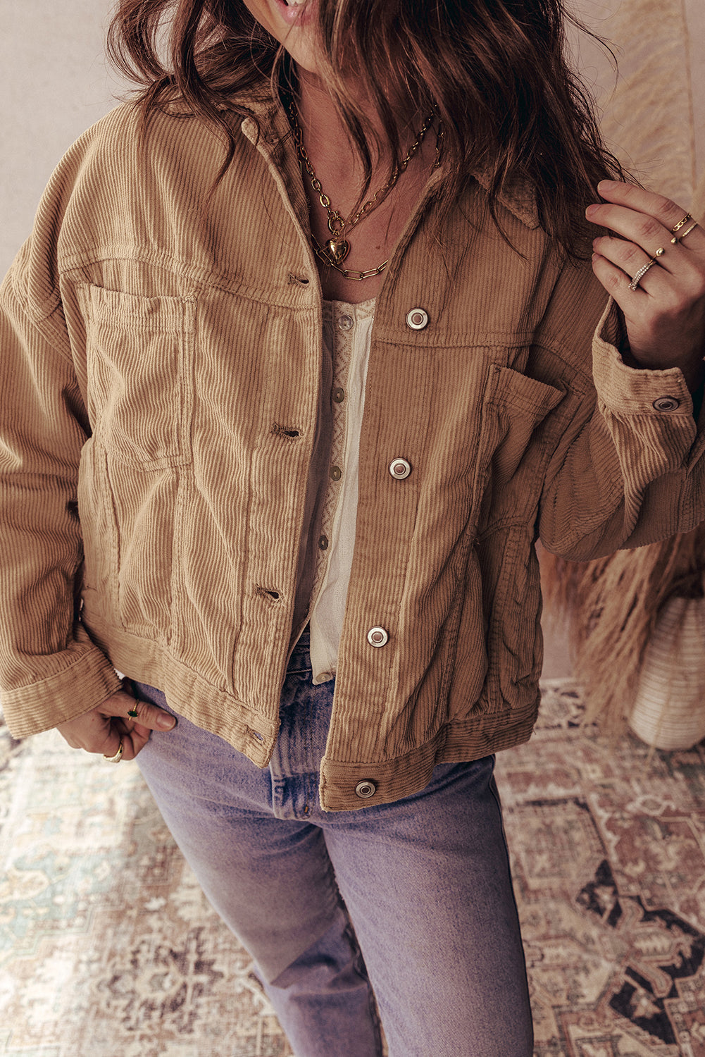 Plus Size Women's Cozy Camel Corduroy Jacket with Double Pockets - Stylish Fall Outerwear for Effortless Layering