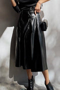 Chic Women's Black A-Line Faux Leather Midi Skirt with Belt - Trendy Everyday Style for Effortless Fashion