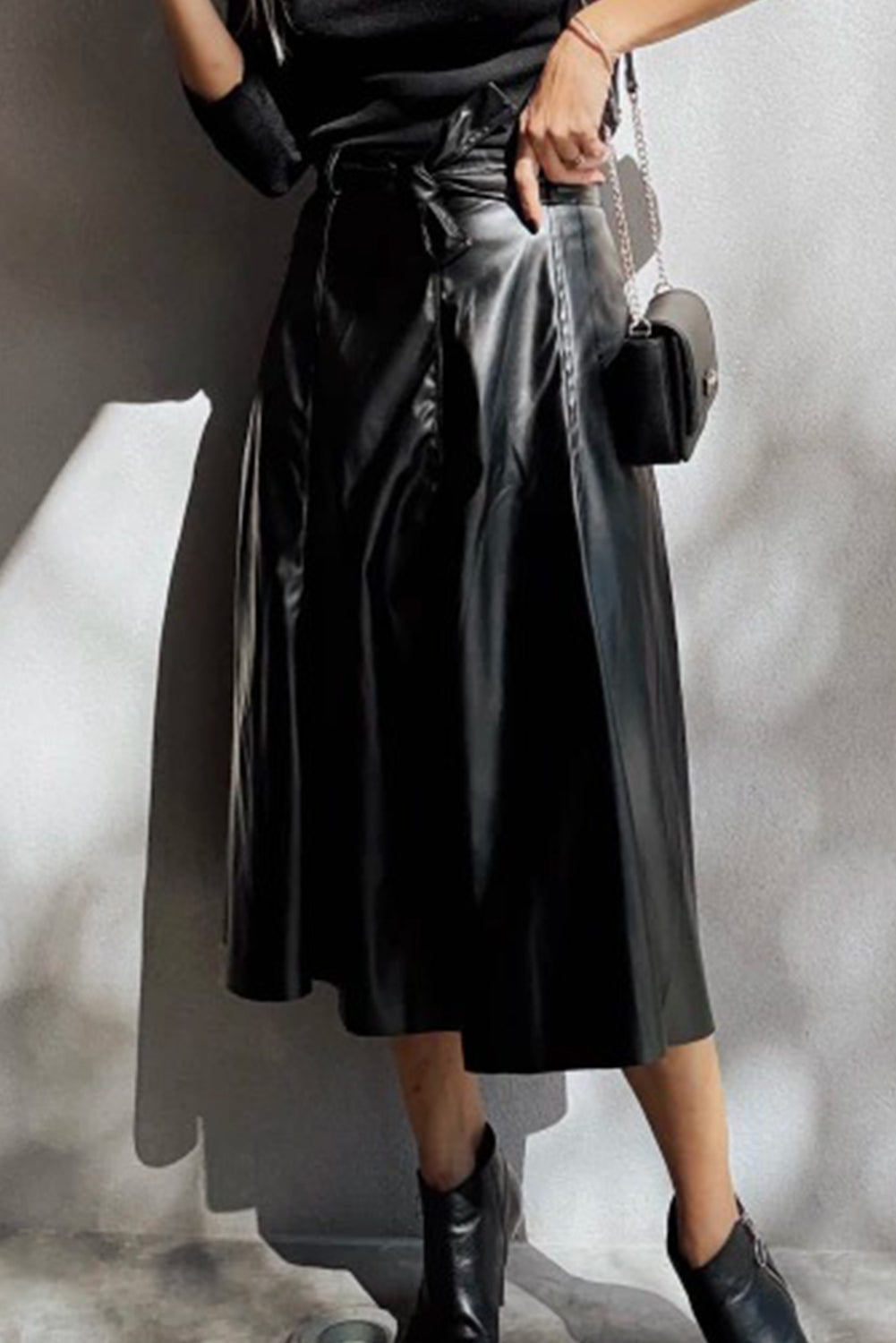 Chic Women's Black A-Line Faux Leather Midi Skirt with Belt - Trendy Everyday Style for Effortless Fashion